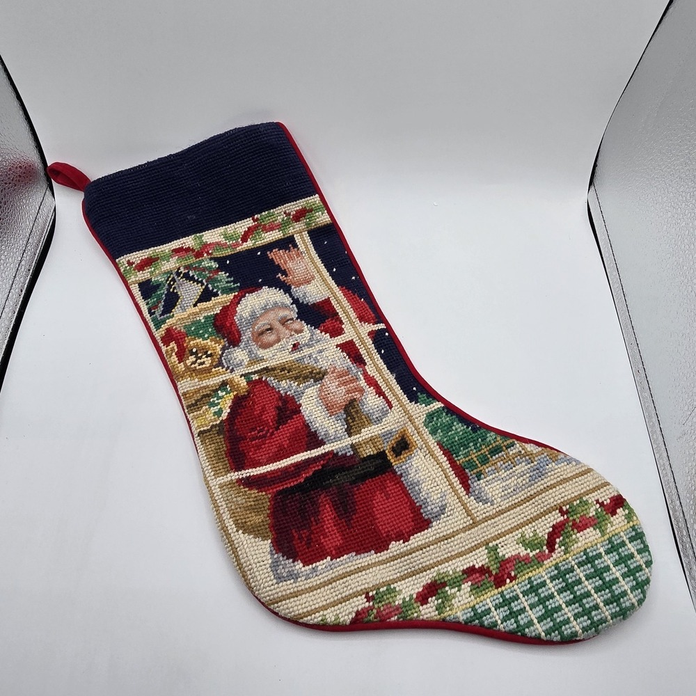 Christmas Stocking Santa Claus‎ Needlepoint Decor 19" Vintage